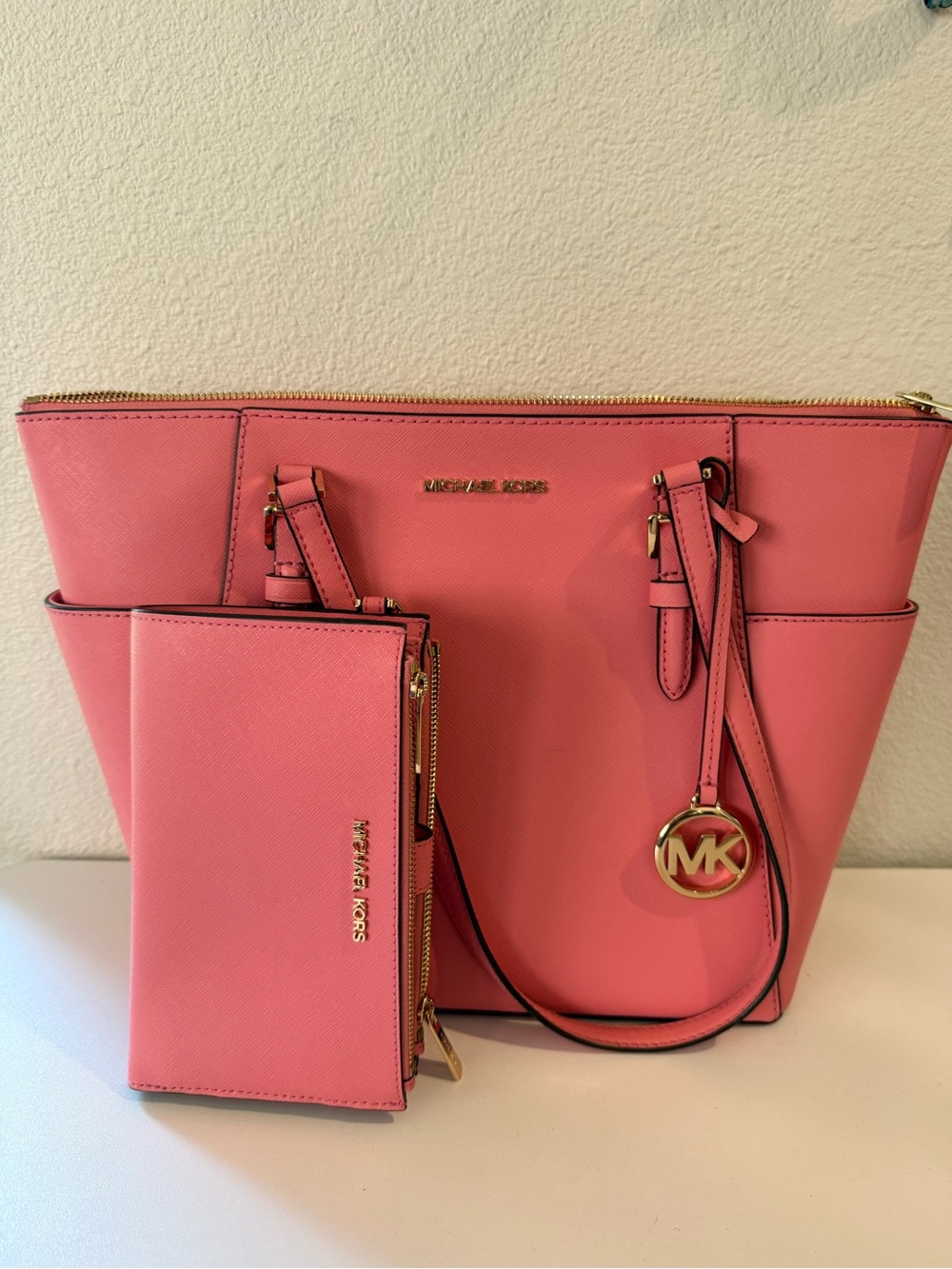 Michael Kors Coral Pink Saffiano Tote with Matching Wristlet